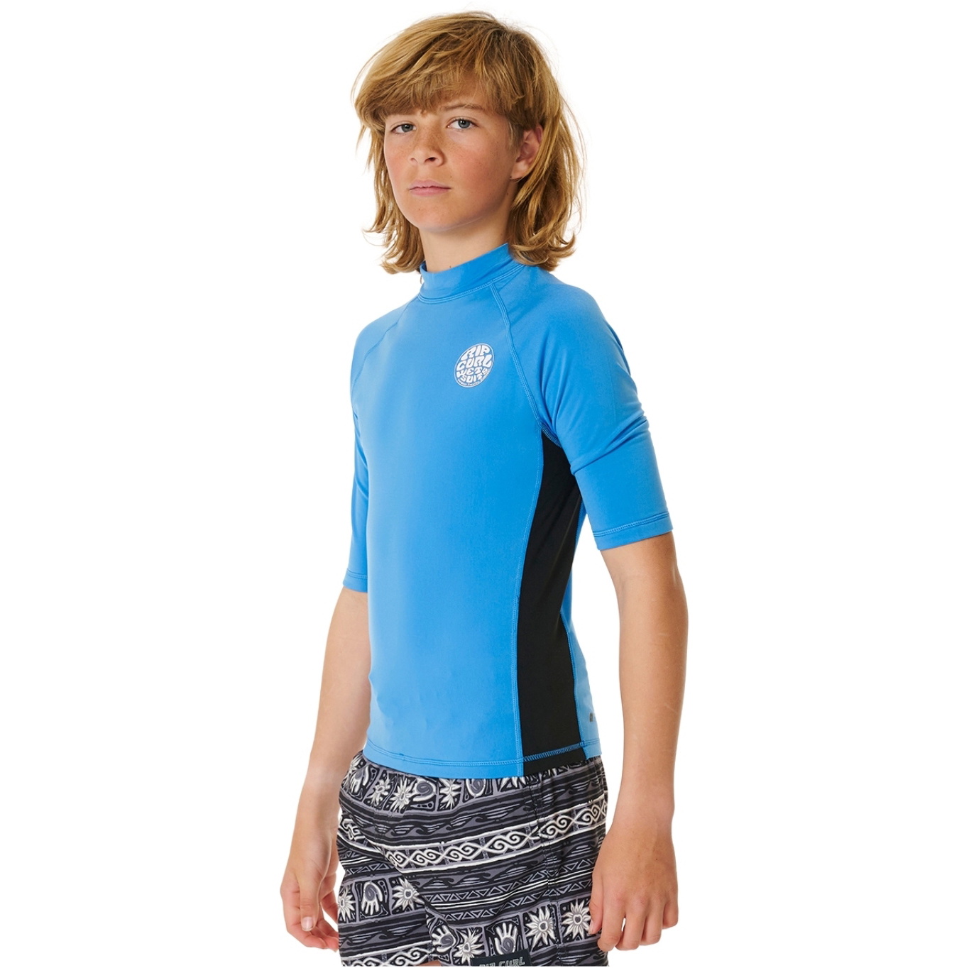 2025 Rip Curl Junior Icons UV Brushed Short Sleeve Rash Guard 11ZBRV - Blue Gum